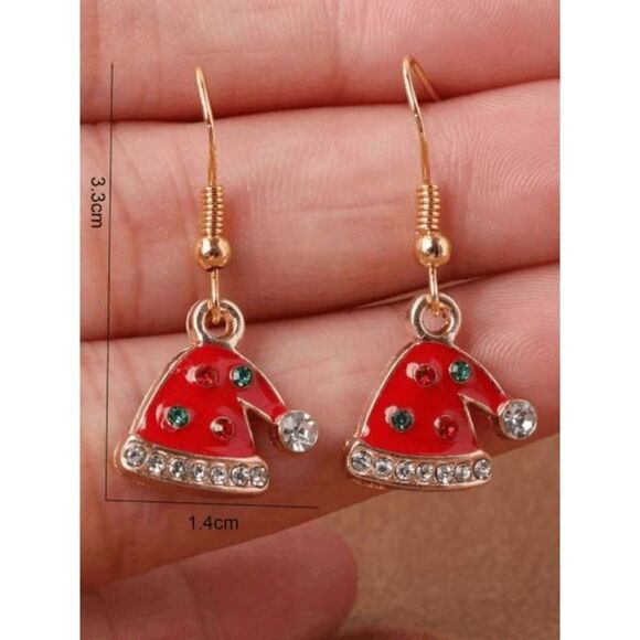 GOLD DIAMOND RED CHRISTMAS SANTA HAT DANGLE EARRINGS - Picture 4 of 6